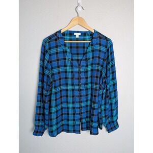 J. Jill Tunic Button-Up Womens L Petite Blue Plaid Rayon Stretch Casual
